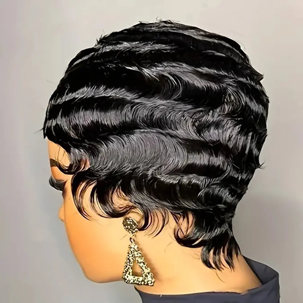 Women's Brown Short Ocean Pixie Wave 100% Human Hair Wig