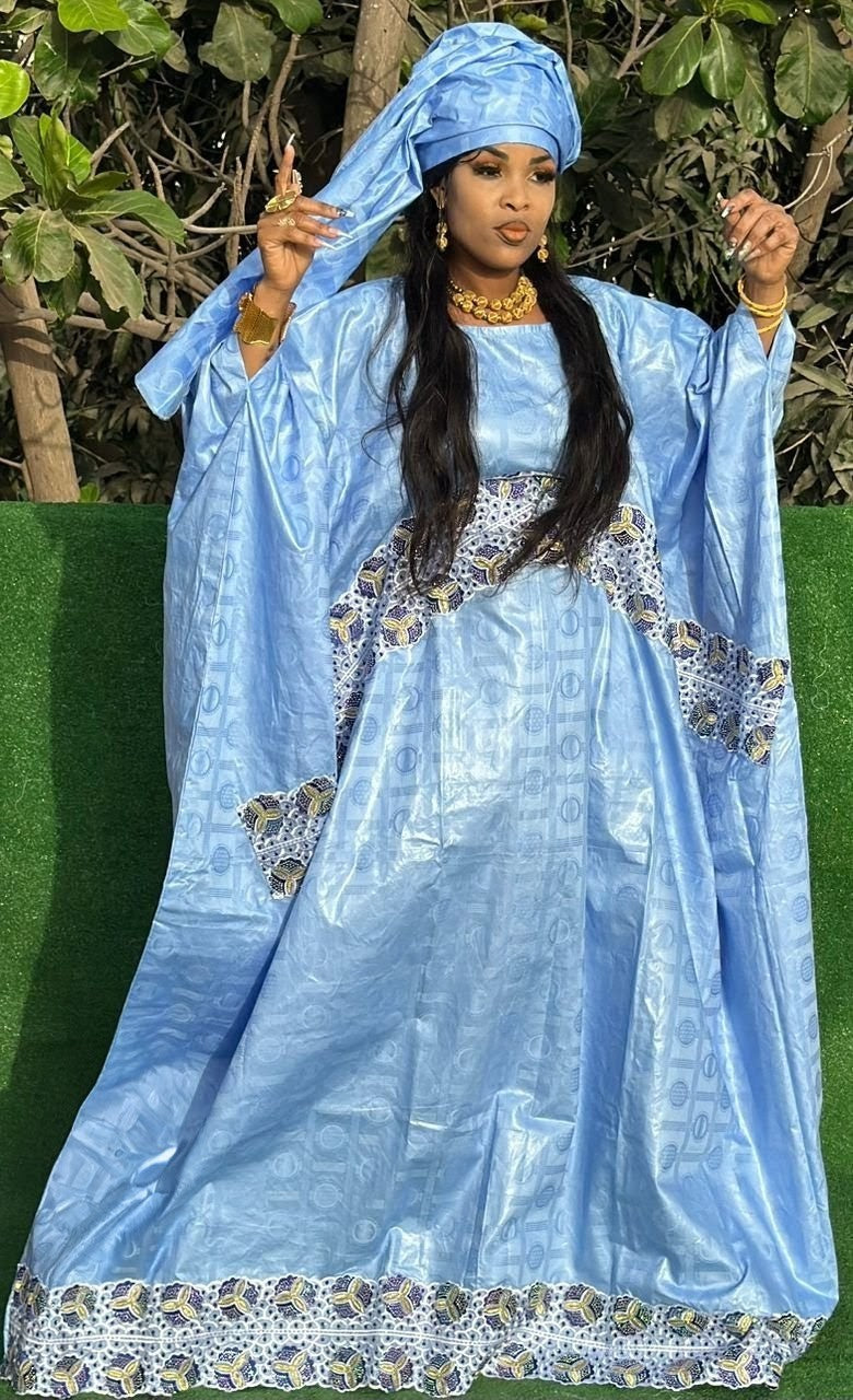 Traditional African Women's Bazin Riche Embroidered Long Dress Plus Size