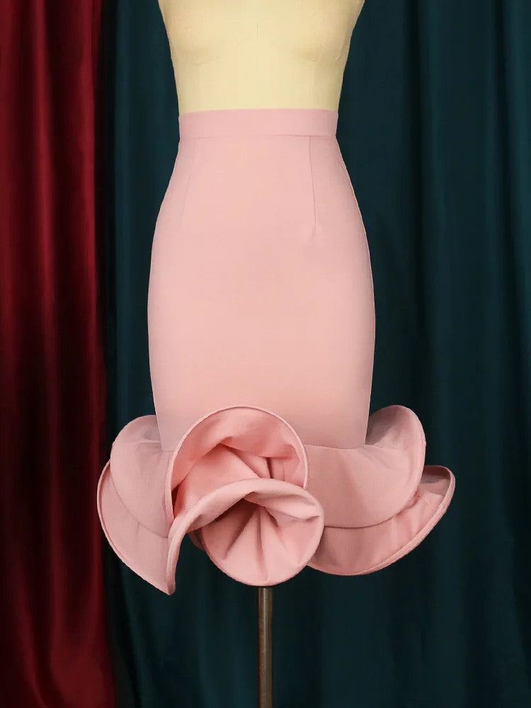 Women's Pink Stretch Skirt with Ruffles Mid-Length High Waist
