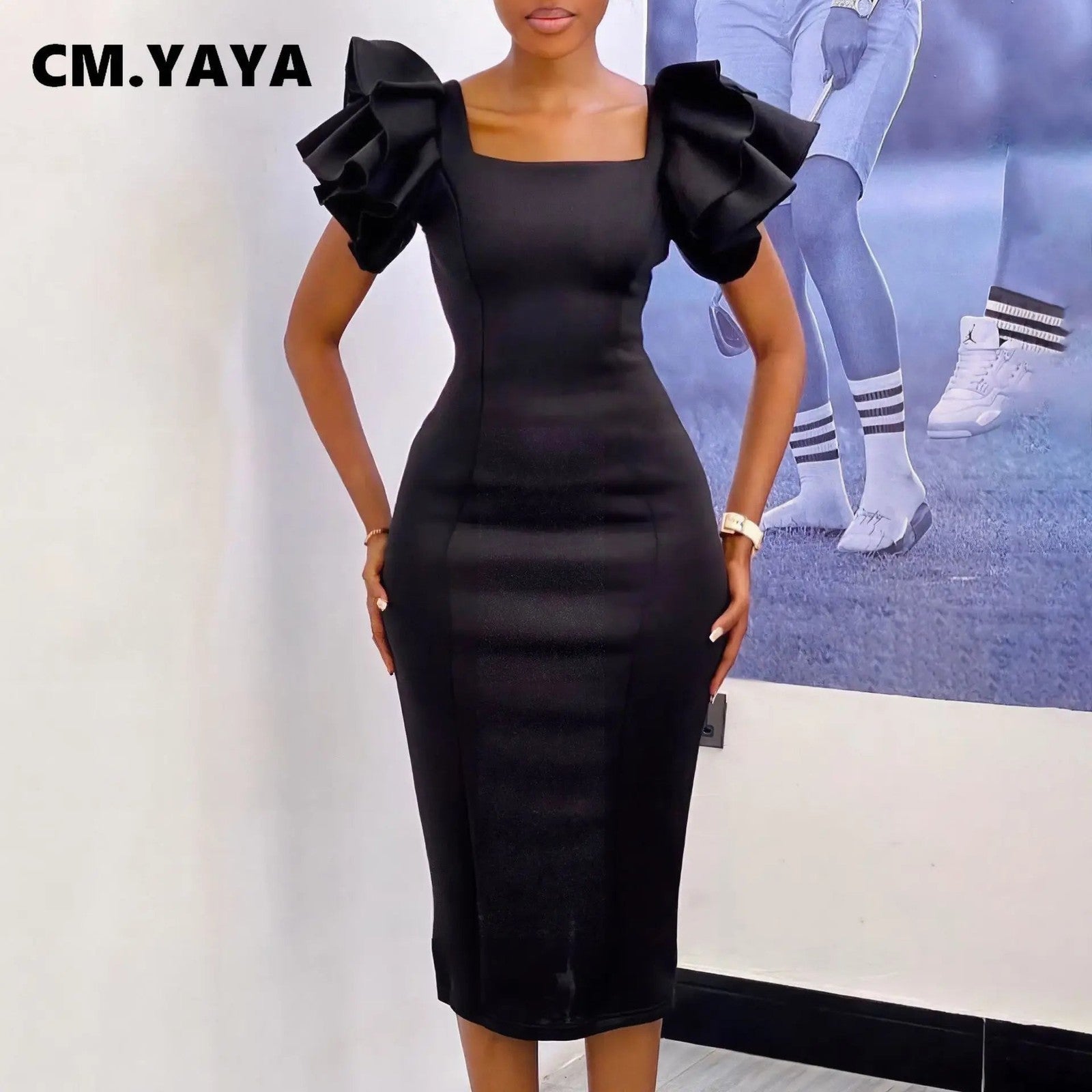 CM.YAYA Women Ruffles Short Sleeve Square Collar Knee Length Dress Street