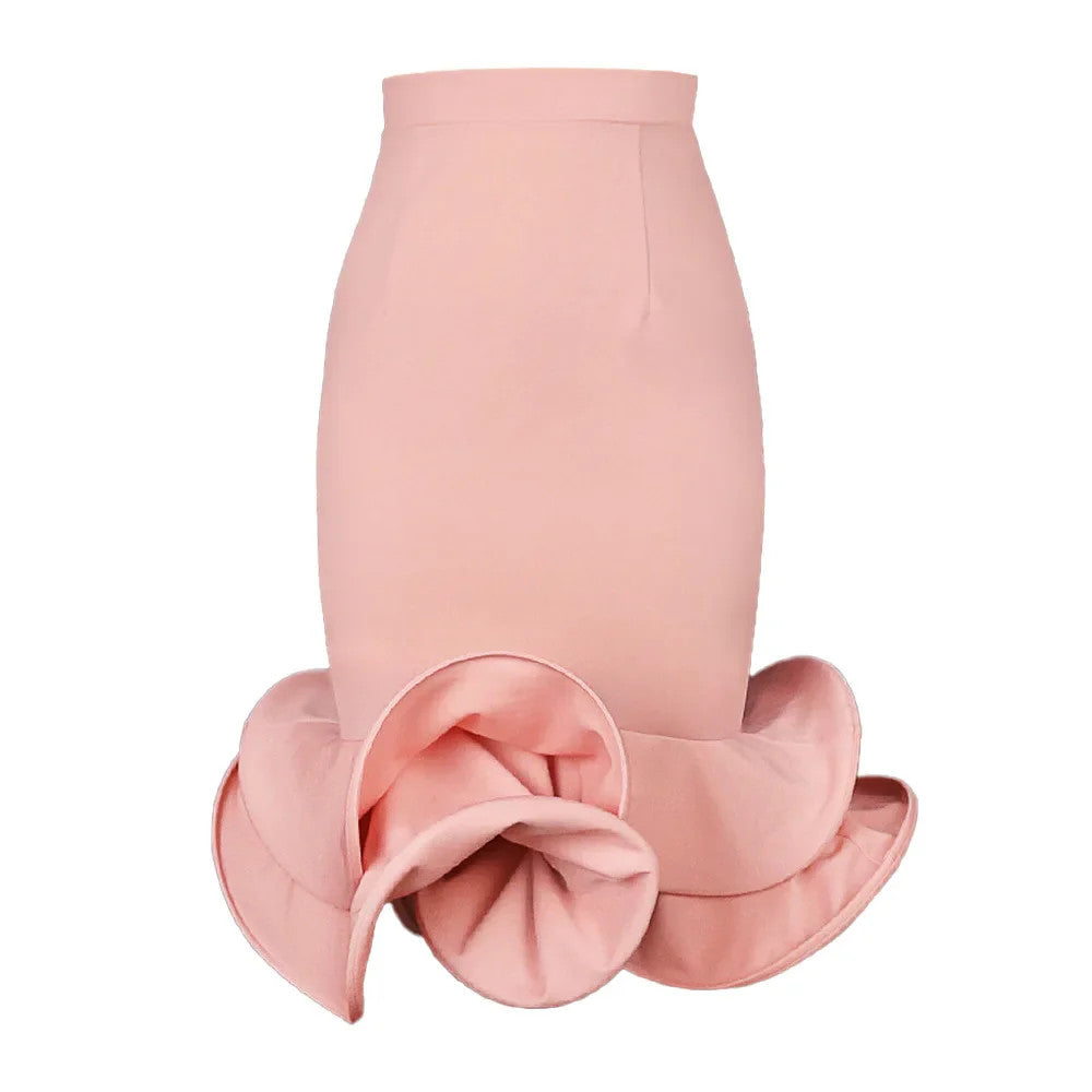 Women's Pink Stretch Skirt with Ruffles Mid-Length High Waist