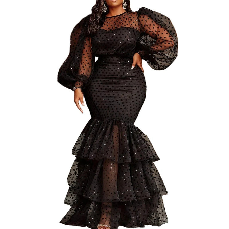 Women's Polka Dot Sheer Organza O Neck Long Lantern Sleeve Ruffles Dress