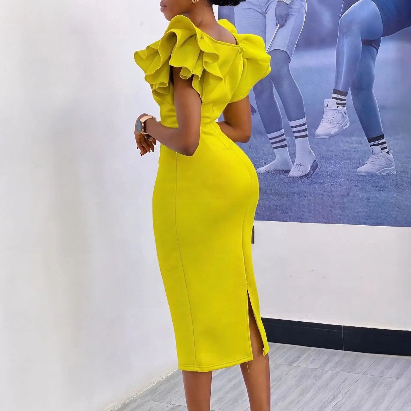 CM.YAYA Women Ruffles Short Sleeve Square Collar Knee Length Dress Street