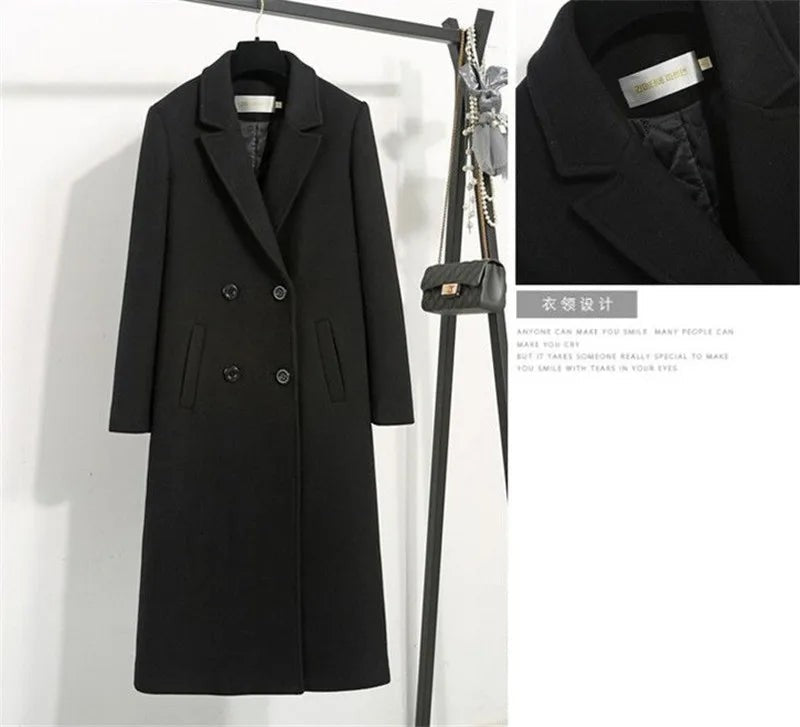 Women's Winter Classic Black Woolen Mid-Length Woolen Blend Overcoat