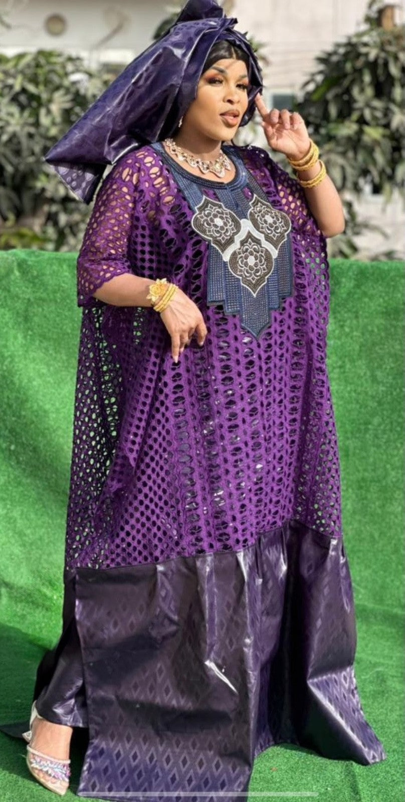 Women's Traditional African Bazin Riche Embroidered Long Dress Plus Size