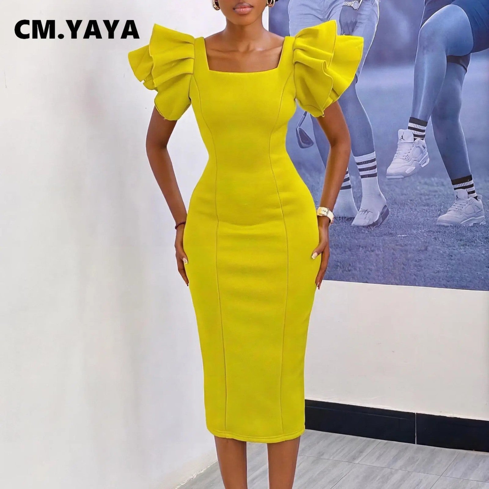CM.YAYA Women Ruffles Short Sleeve Square Collar Knee Length Dress Street