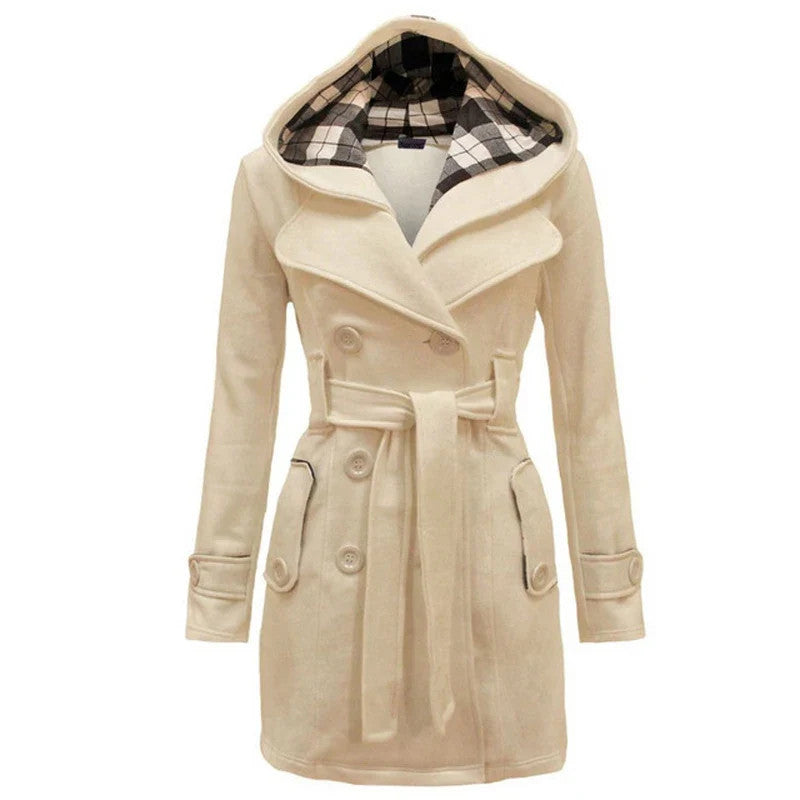 Fashionable Women's Woolen Warm Fleece Double Breast Jacket With Belts