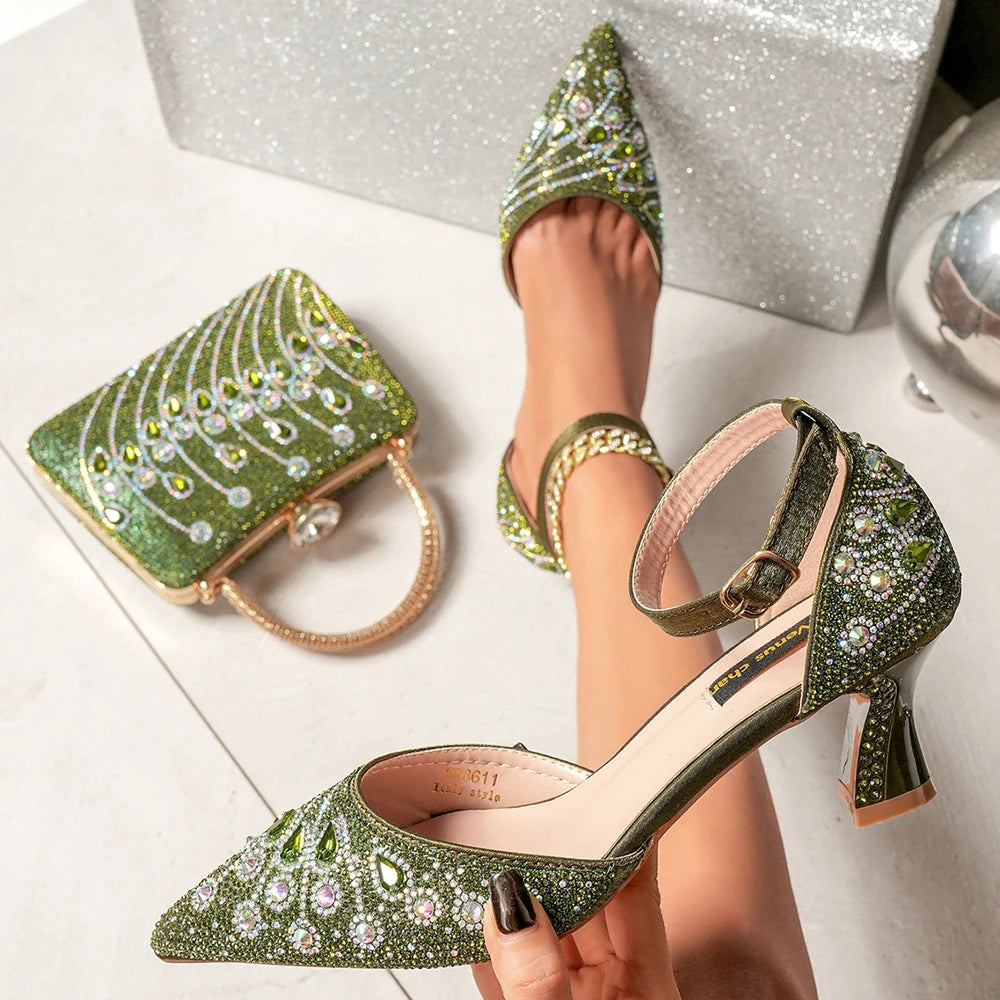 Women's Elegant Rhinestone Pointed Toe Pumps With Matching Shoes And Bag Set