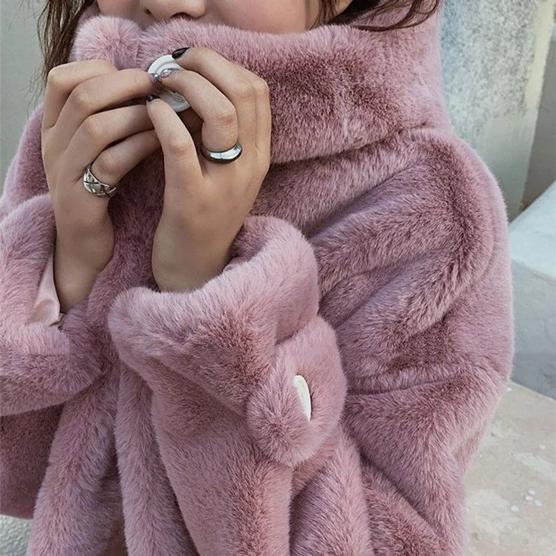 Winter Women's Faux Rabbit Fur Coat Hooded Thick And Plush Jacket