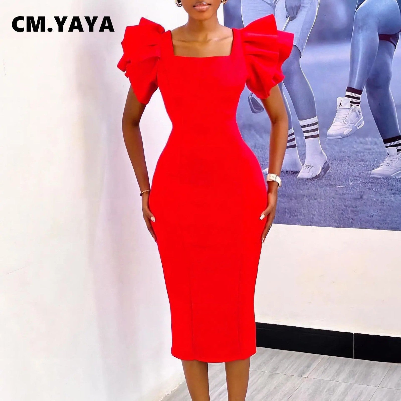 CM.YAYA Women Ruffles Short Sleeve Square Collar Knee Length Dress Street