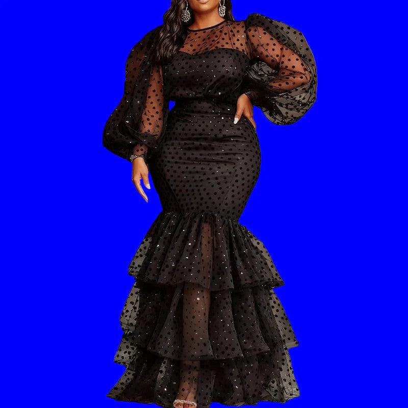 Women's Polka Dot Sheer Organza O Neck Long Lantern Sleeve Ruffles Dress