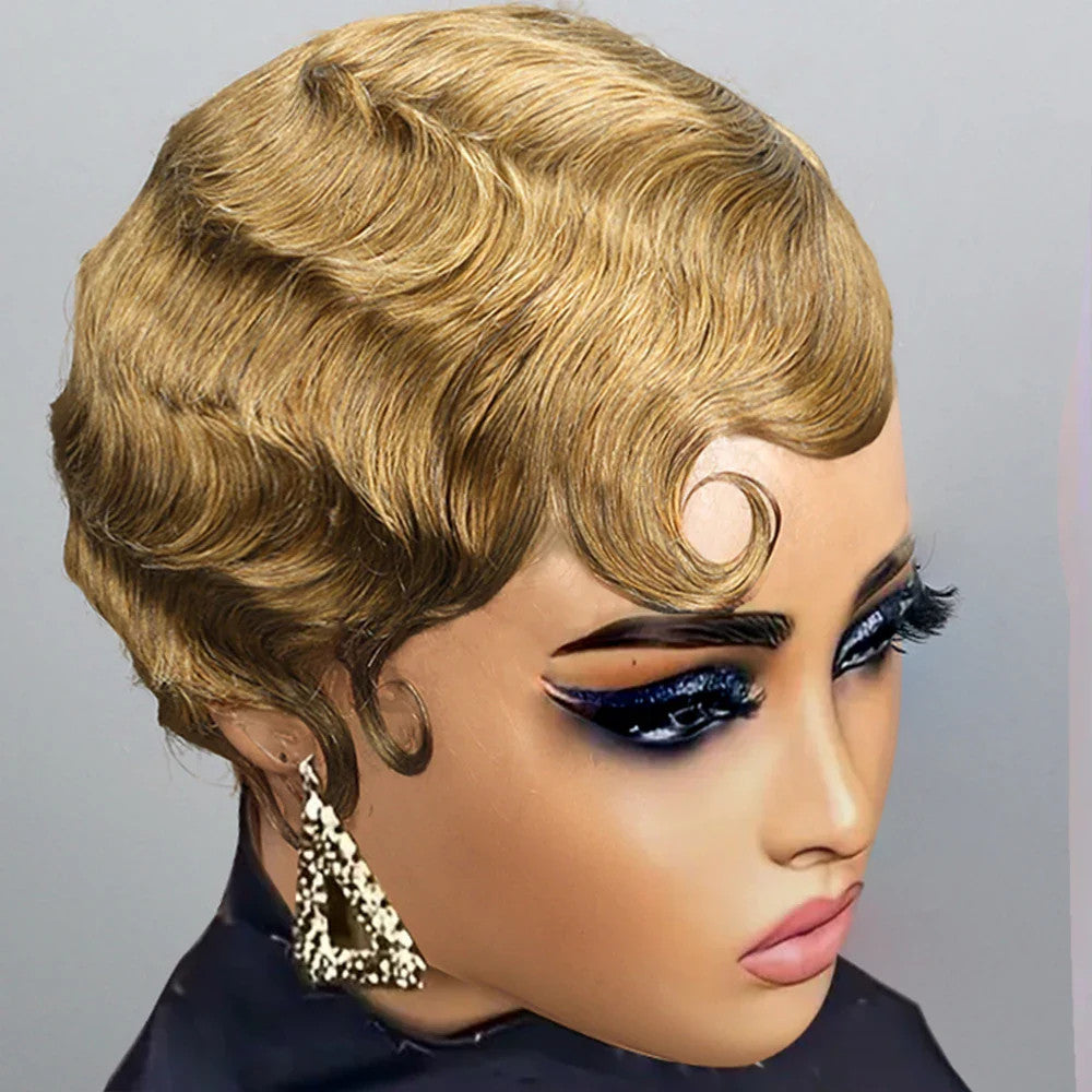 Finger Wave Pixie Human Hair Wigs For Women 180% Density