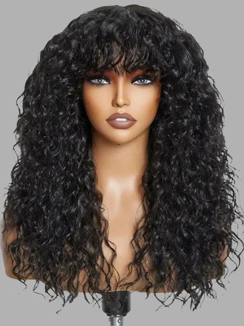 100% Human Hair Wigs with Bang Full Wig Brown Black Highlight Water Wave