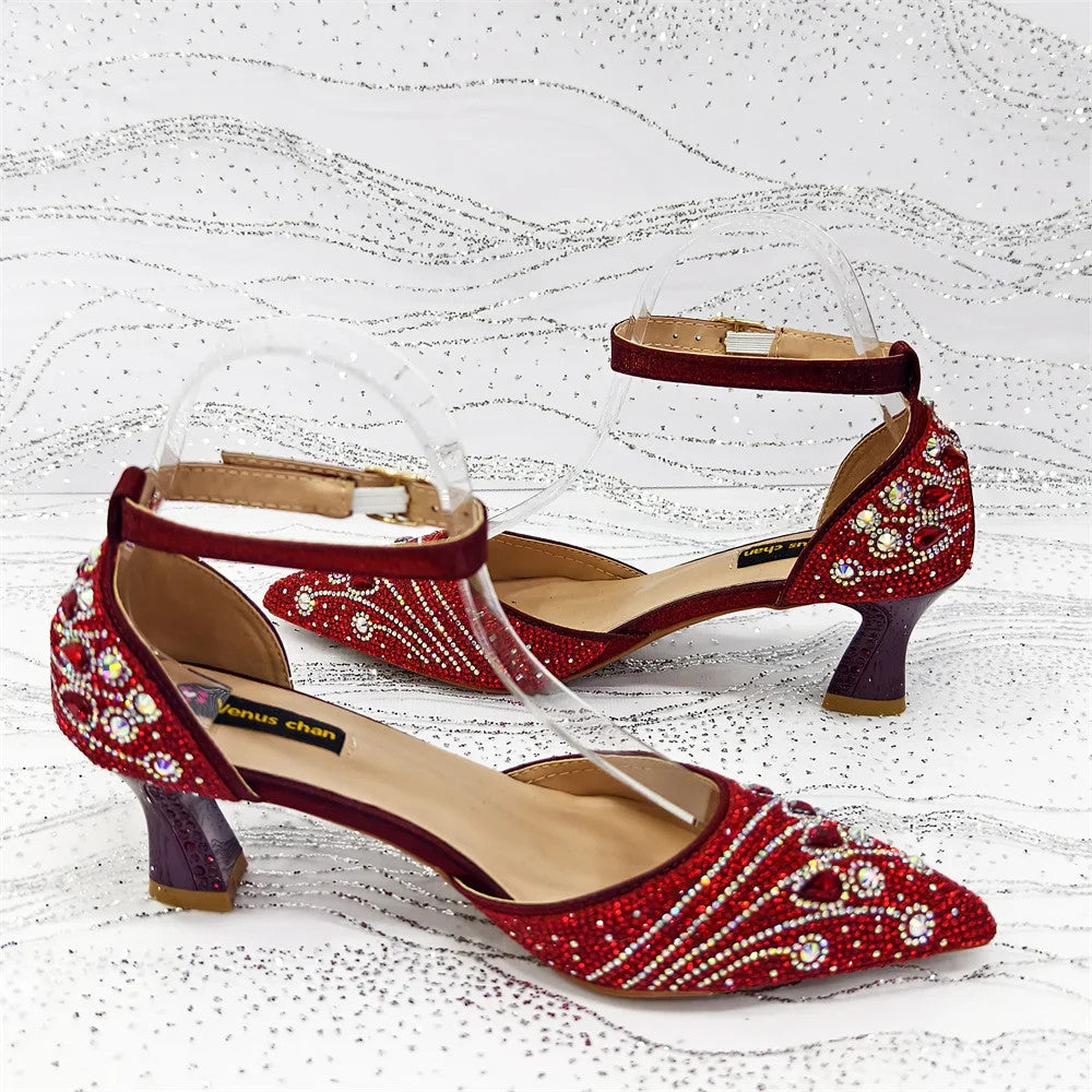 Women's Elegant Rhinestone Pointed Toe Pumps With Matching Shoes And Bag Set