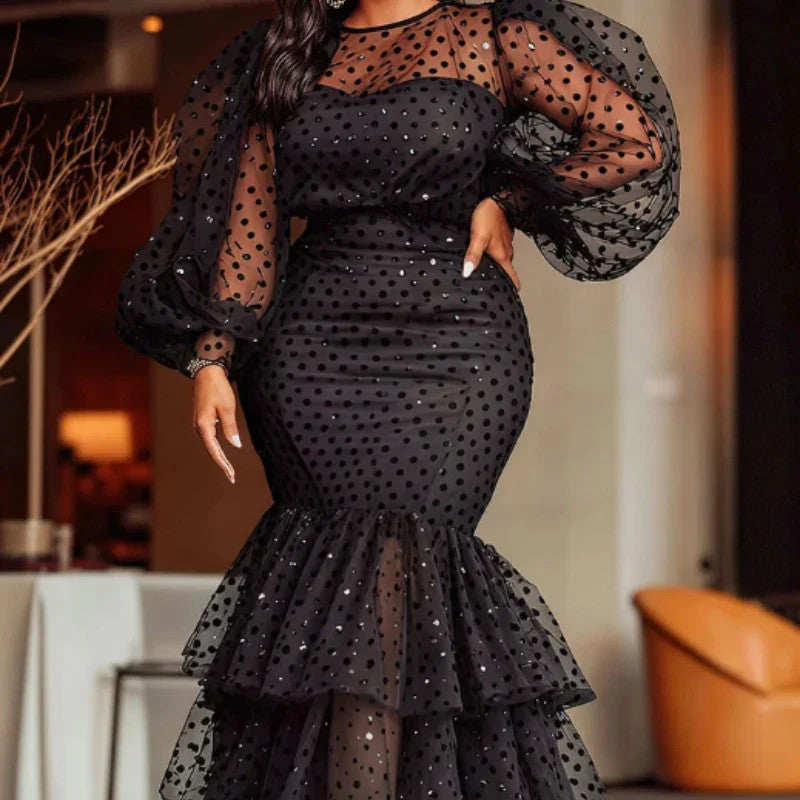 Women's Polka Dot Sheer Organza O Neck Long Lantern Sleeve Ruffles Dress