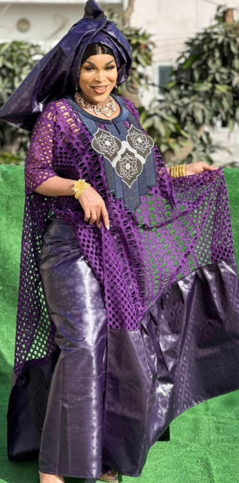 Women's Traditional African Bazin Riche Embroidered Long Dress Plus Size