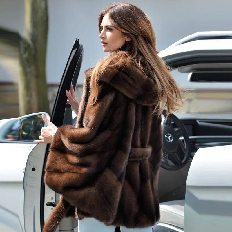 New Elegant Quality Faux Fur Hooded Women's Coat For Winter