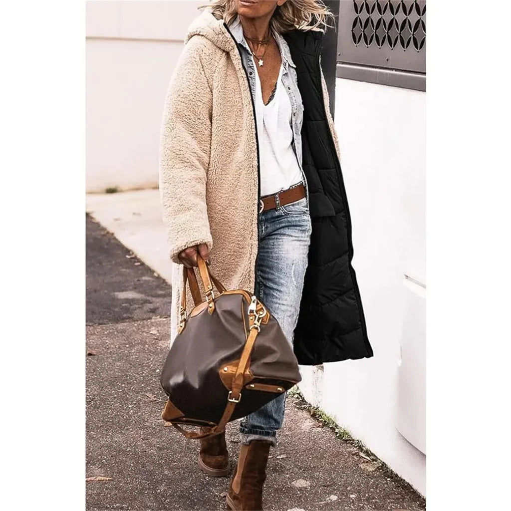 Winter Hooded Quilted Women's Solid Reversible Long Sleeve Thick