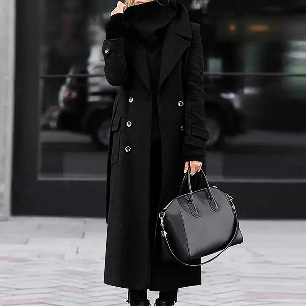 Women's Woollen Double-breasted Mid-calf Long Sleeves Jacket