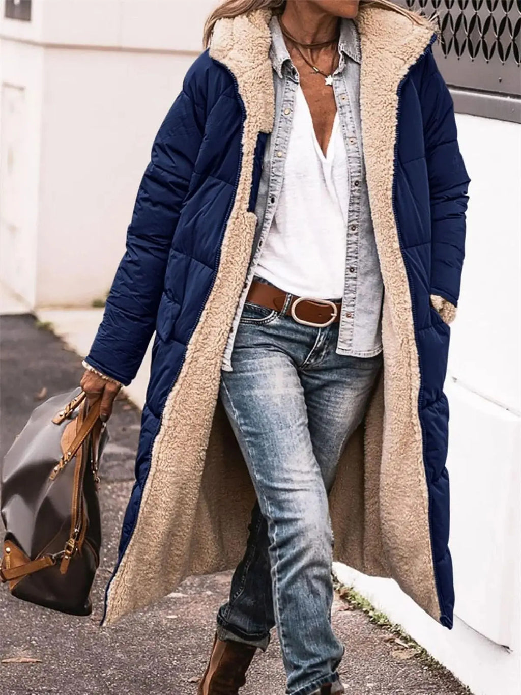Winter Hooded Quilted Women's Solid Reversible Long Sleeve Thick