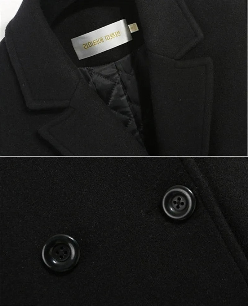 Women's Winter Classic Black Woolen Mid-Length Woolen Blend Overcoat