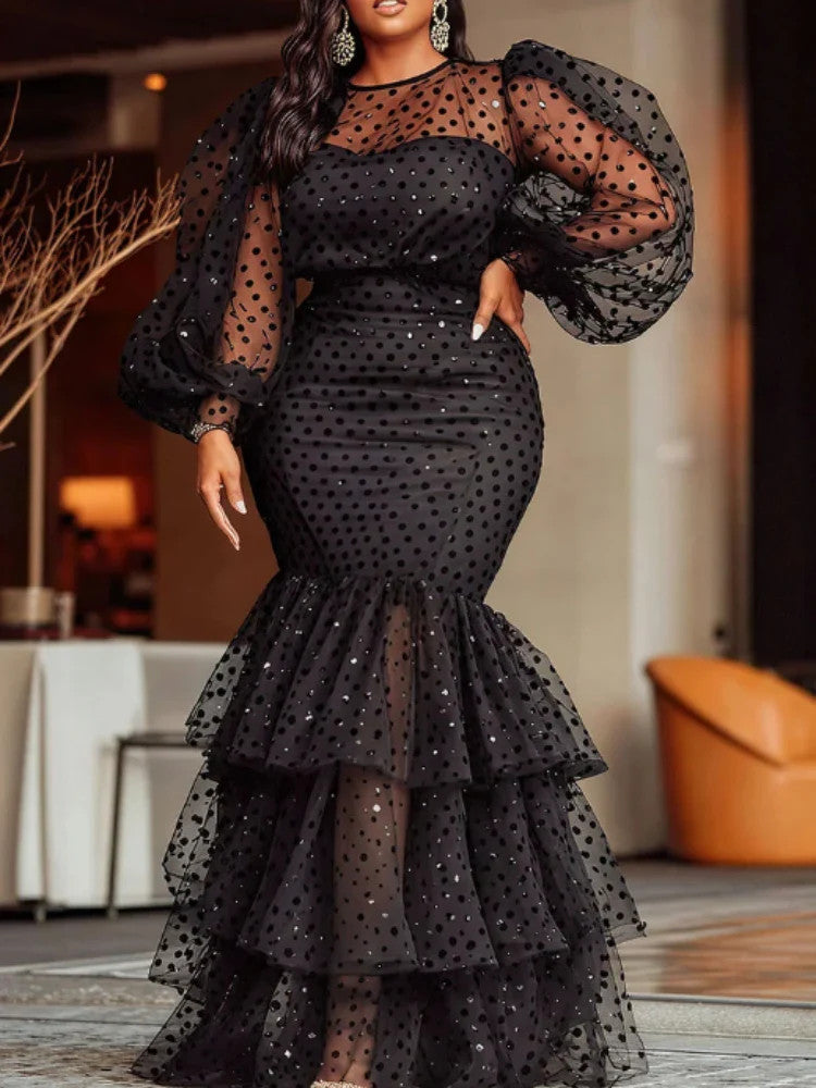 Women's Polka Dot Sheer Organza O Neck Long Lantern Sleeve Ruffles Dress