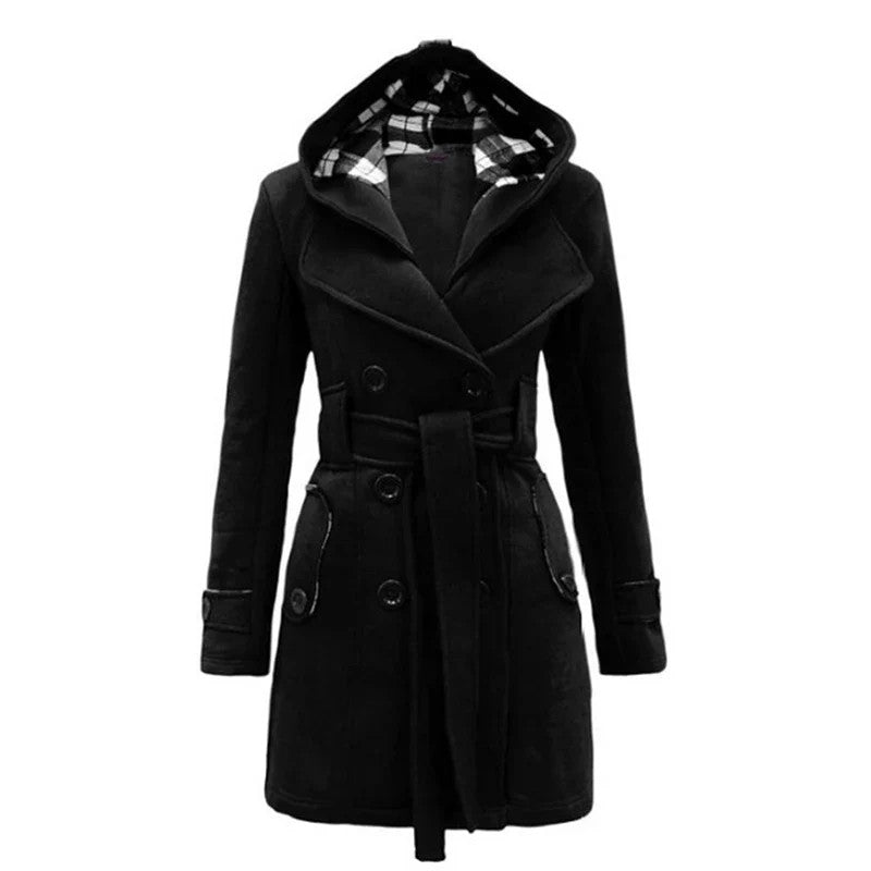 Fashionable Women's Woolen Warm Fleece Double Breast Jacket With Belts