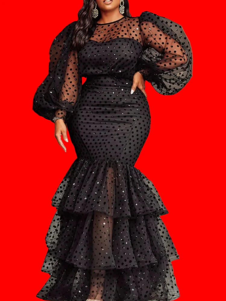 Women's Polka Dot Sheer Organza O Neck Long Lantern Sleeve Ruffles Dress