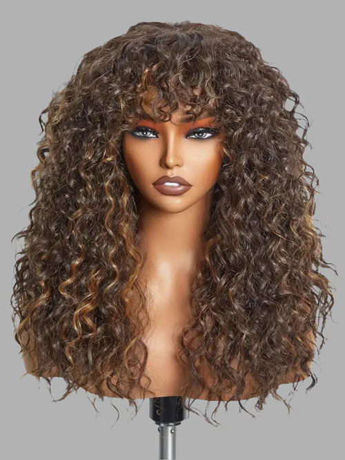 100% Human Hair Wigs with Bang Full Wig Brown Black Highlight Water Wave