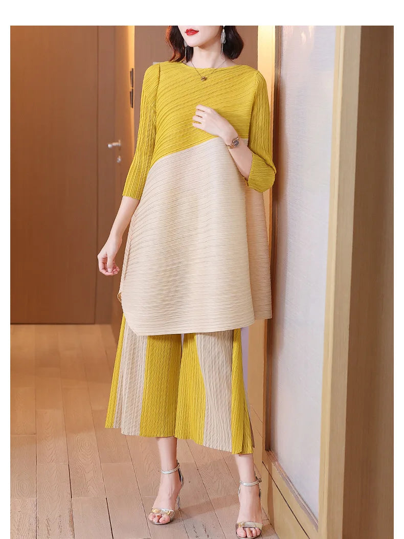 Miyake Pleated Sets Contrast Color O-neck Asymmetric Top Dress+ Loose Wide Leg Pant Two-piece Casual Suits 2022 Autumn Fashion