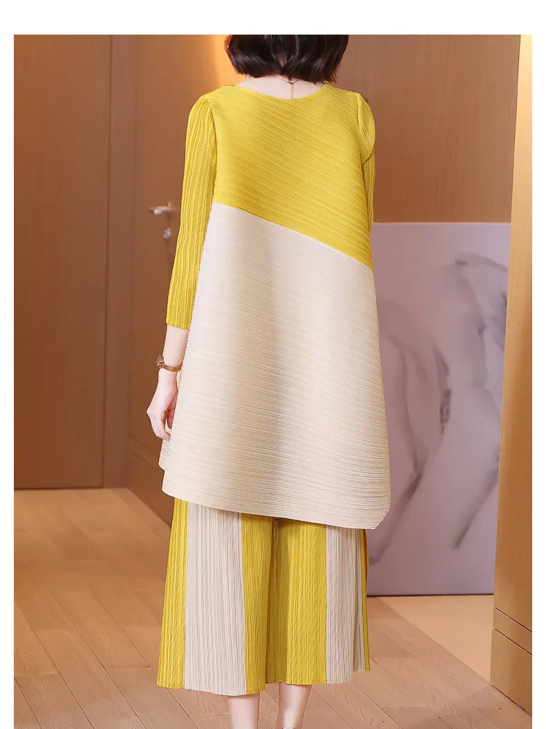 Miyake Pleated Sets Contrast Color O-neck Asymmetric Top Dress+ Loose Wide Leg Pant Two-piece Casual Suits 2022 Autumn Fashion