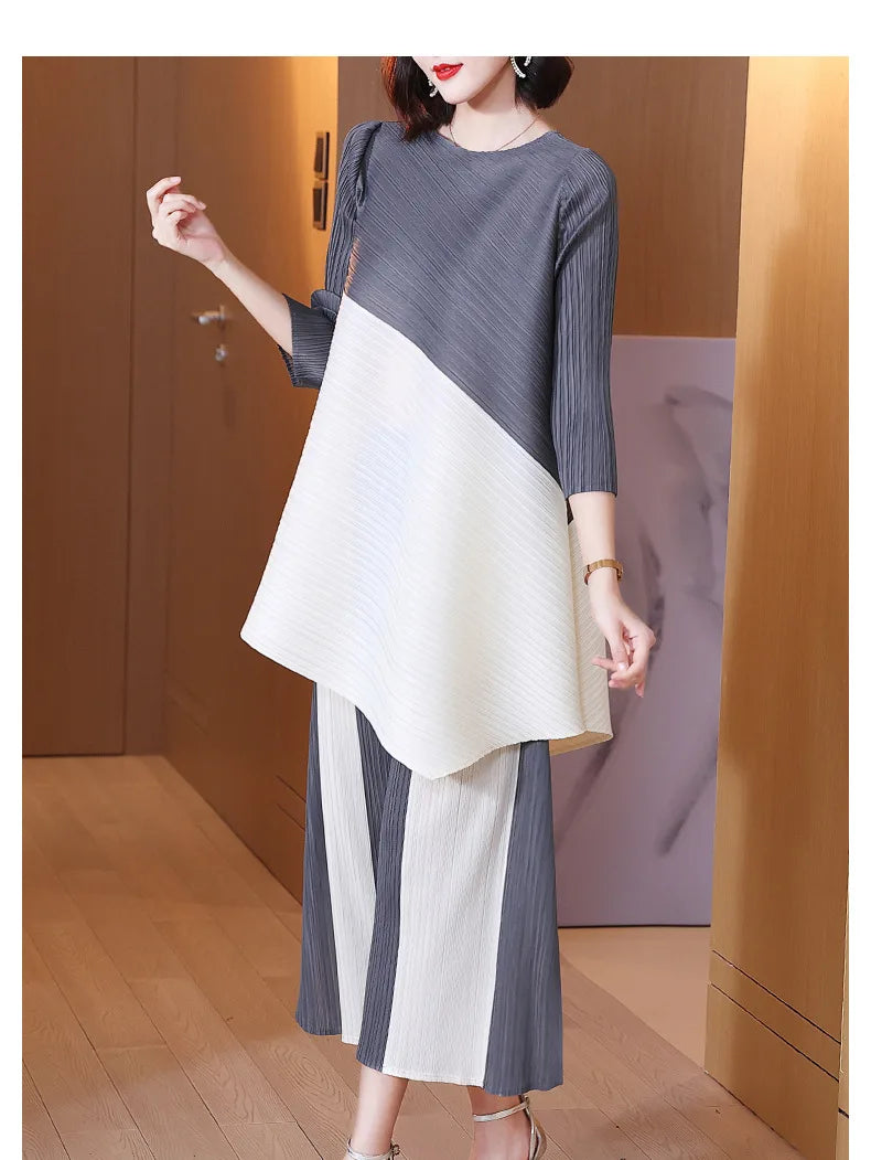 Miyake Pleated Sets Contrast Color O-neck Asymmetric Top Dress+ Loose Wide Leg Pant Two-piece Casual Suits 2022 Autumn Fashion