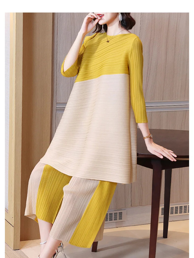 Miyake Pleated Sets Contrast Color O-neck Asymmetric Top Dress+ Loose Wide Leg Pant Two-piece Casual Suits 2022 Autumn Fashion