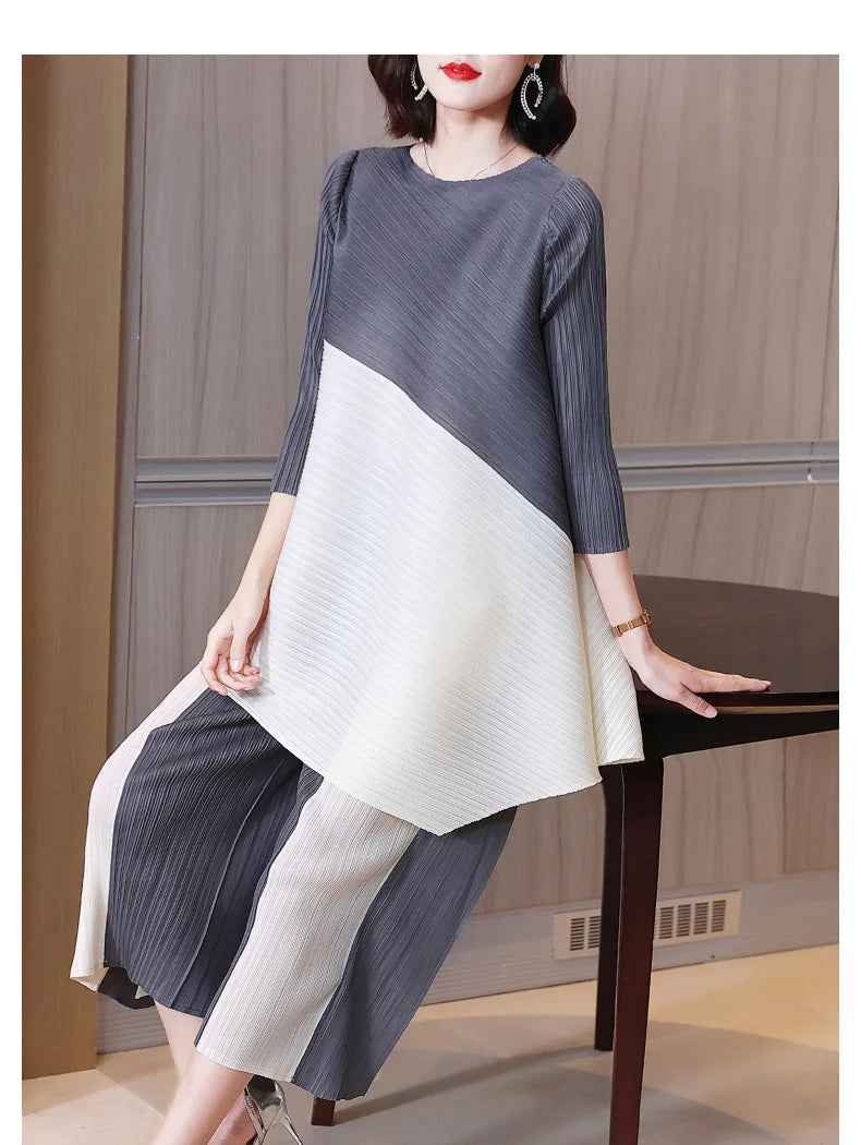 Miyake Pleated Sets Contrast Color O-neck Asymmetric Top Dress+ Loose Wide Leg Pant Two-piece Casual Suits 2022 Autumn Fashion