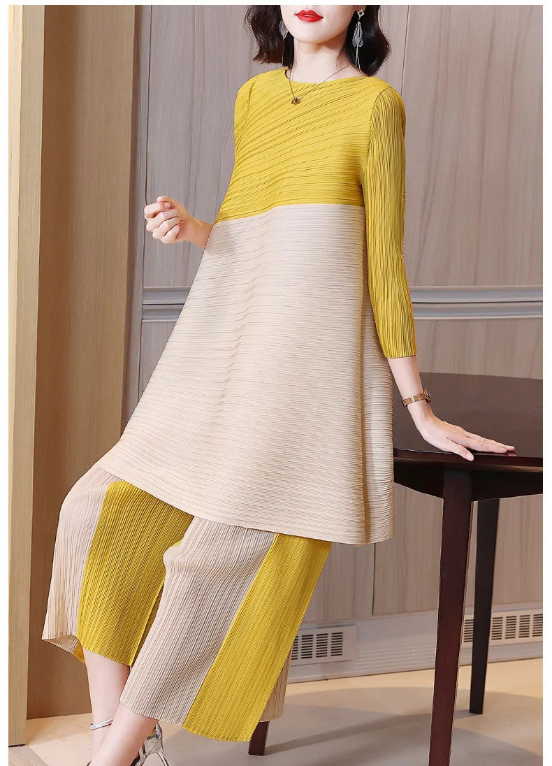 Miyake Pleated Sets Contrast Color O-neck Asymmetric Top Dress+ Loose Wide Leg Pant Two-piece Casual Suits 2022 Autumn Fashion
