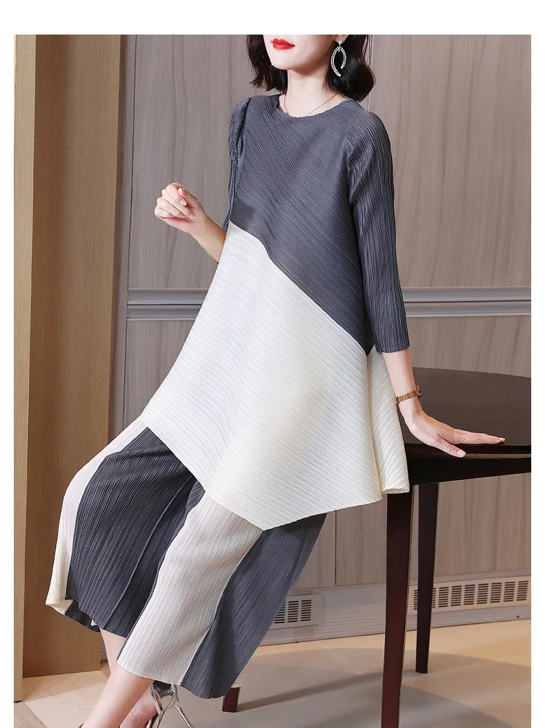 Miyake Pleated Sets Contrast Color O-neck Asymmetric Top Dress+ Loose Wide Leg Pant Two-piece Casual Suits 2022 Autumn Fashion