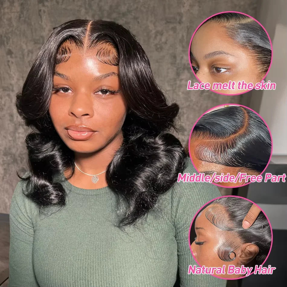 250% Body Wave HD Lace Frontal Wig Short Bob Wig Human Hair Glueless Human Hair Wavy 13x4 Transparent Lace Front Wigs For Women