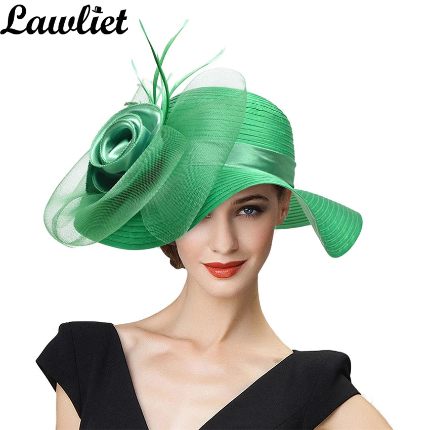 Lawliet Wide Brim Summer Hats for Women Feathers Netting Fascinator Beach Bridal Mother's Hats Wedding Derby Church  Cap A433