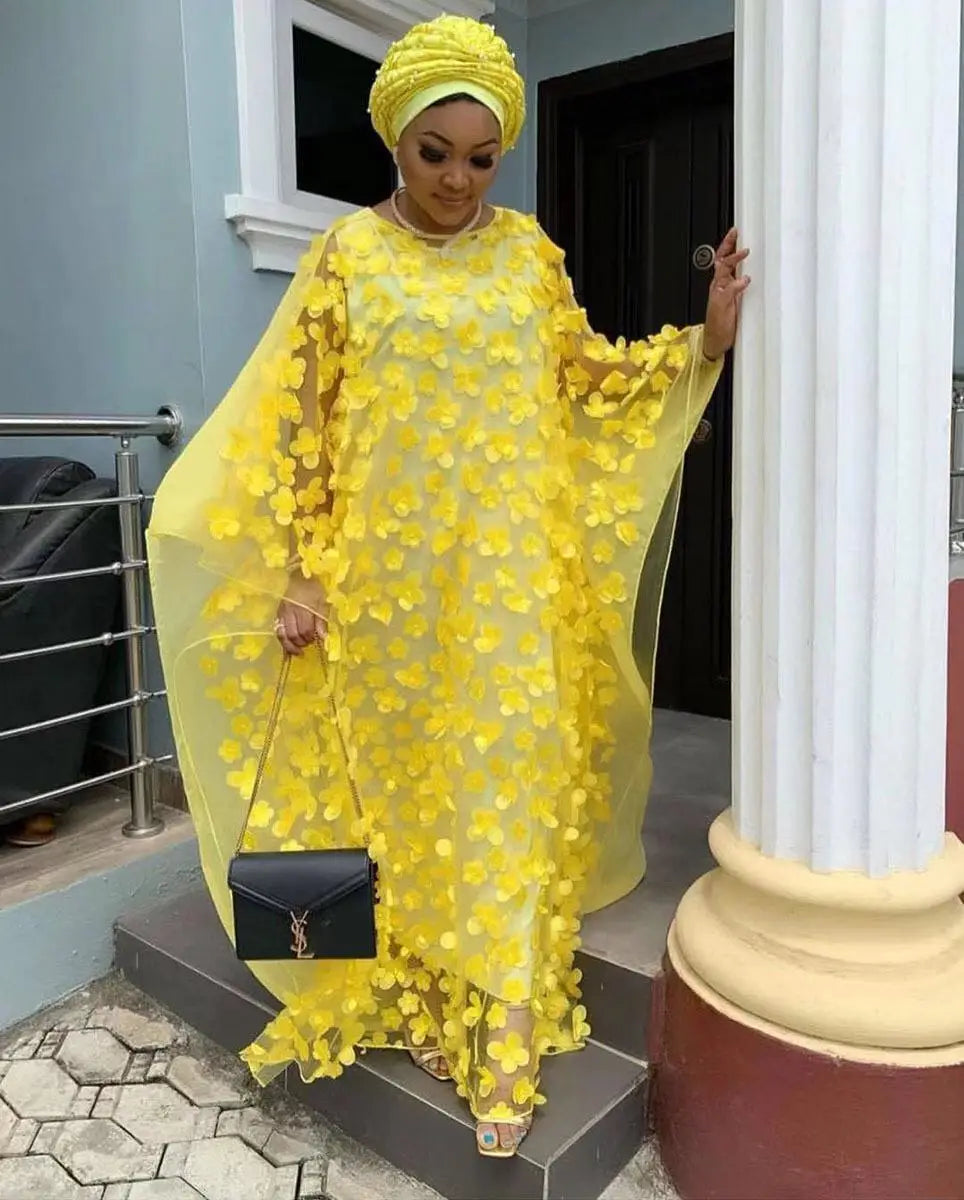 White African Dresses for Women Summer Traditional Africa Clothing Applique Flower Muslim Kaftan Chiffon Maxi Long Dress