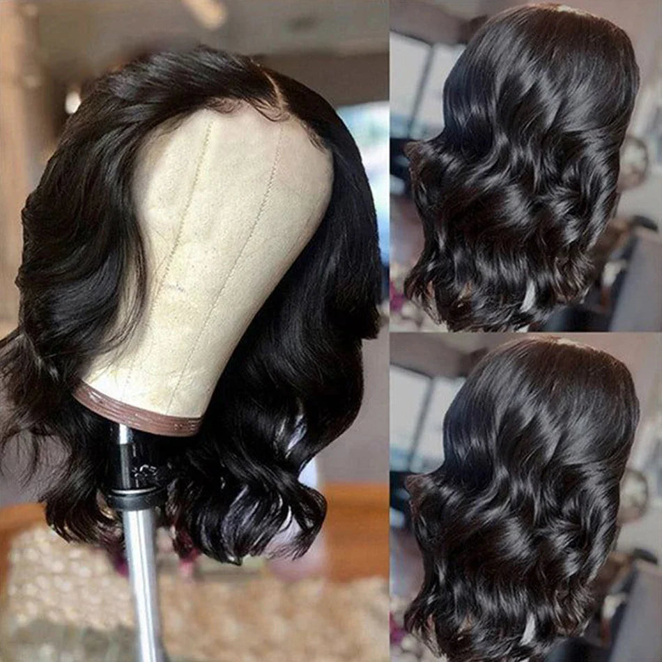 13x4 Short Body Wave Lace Frontal Bob Wig 200% Density Brazilian Remy 100% Human Hair Transparent Lace Wigs For Women 12 14 Inch
