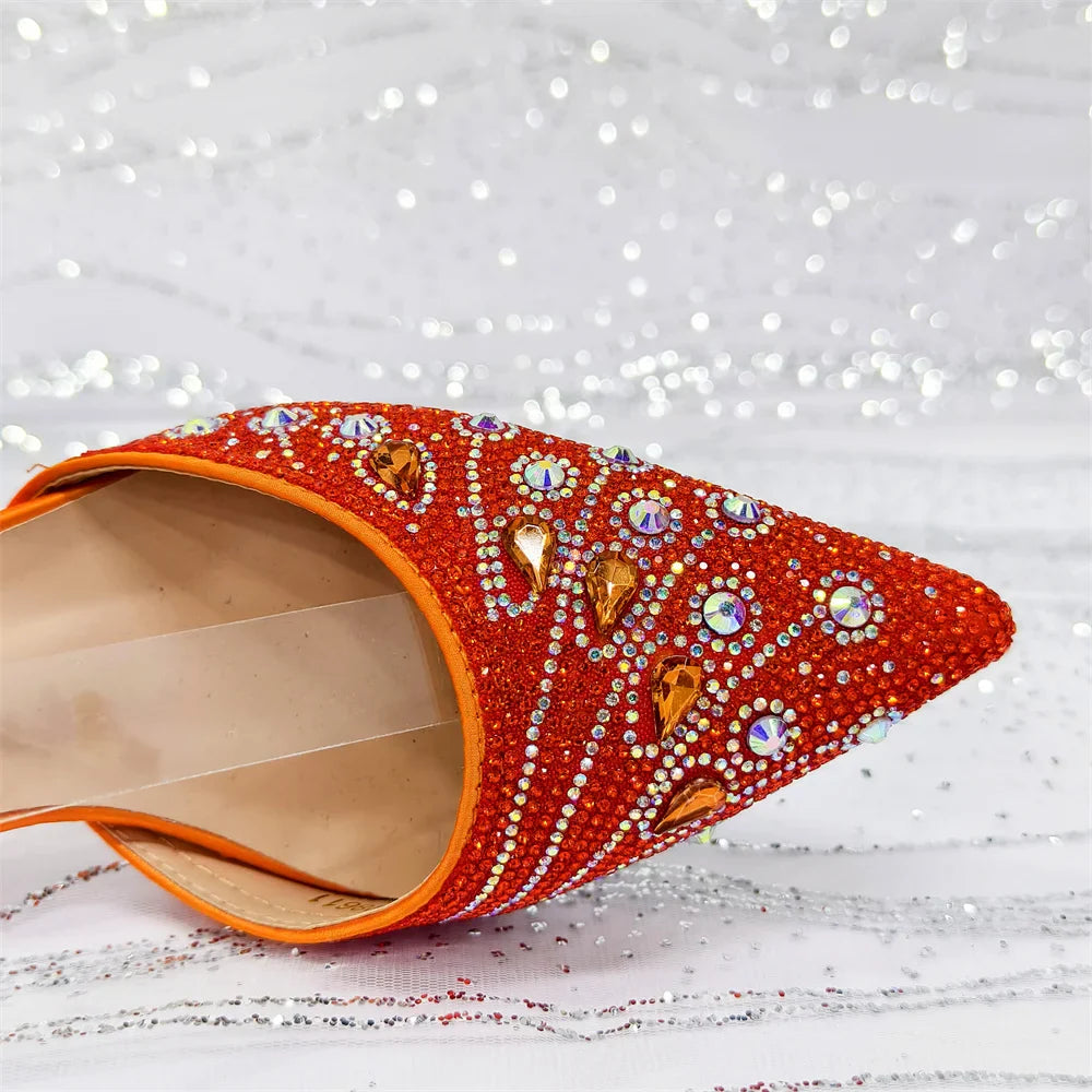 Women's Elegant Rhinestone Pointed Toe Pumps With Matching Shoes And Bag Set