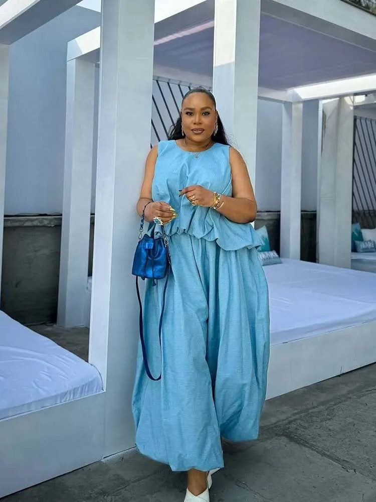 Sets for Women 2 Elegant Pieces Sky Blue Sleeveless Top and Wide Leg Pant Casual Loose Fit Summer Outfits Knit Pants Set