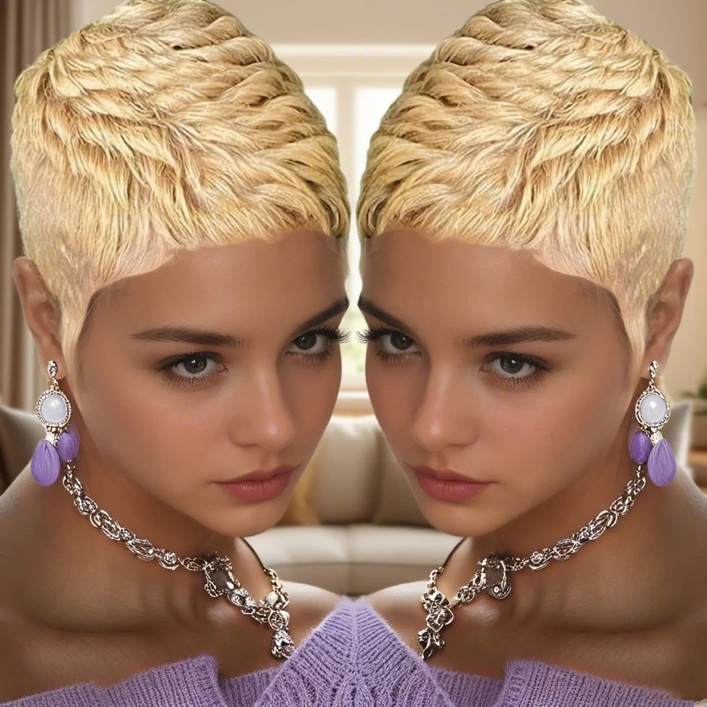 Short Pixie Cut Wig  With Bangs Human Hair 180 Density For Women Machine Made Wig