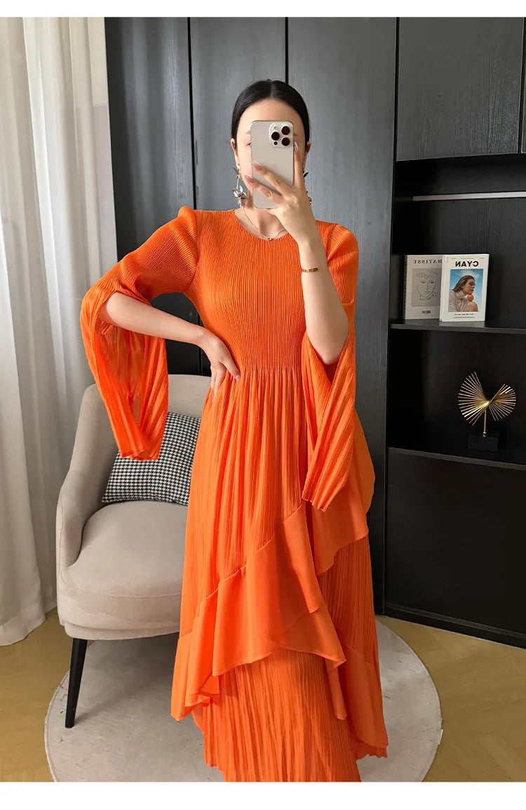Miyake Folds 2024 Spring New Ruffled Dress Solid Color Plus Size Long Skirt