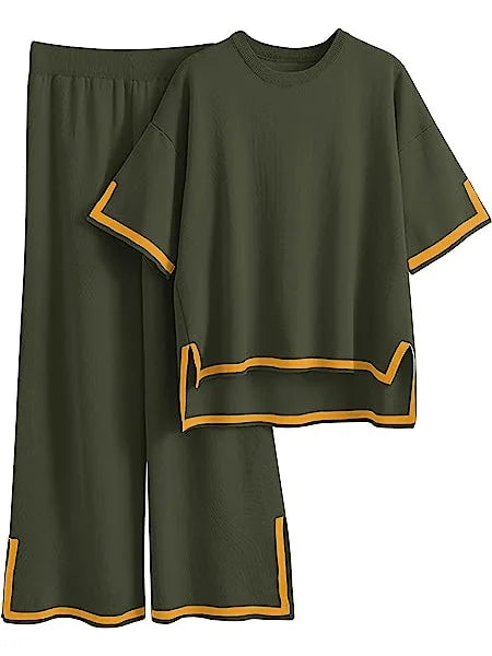 Two-piece Summer New Knitted Elegant Trousers Suit Short-sleeved Pullover Wide-leg Pants Casual Home Two-piece Women's Set