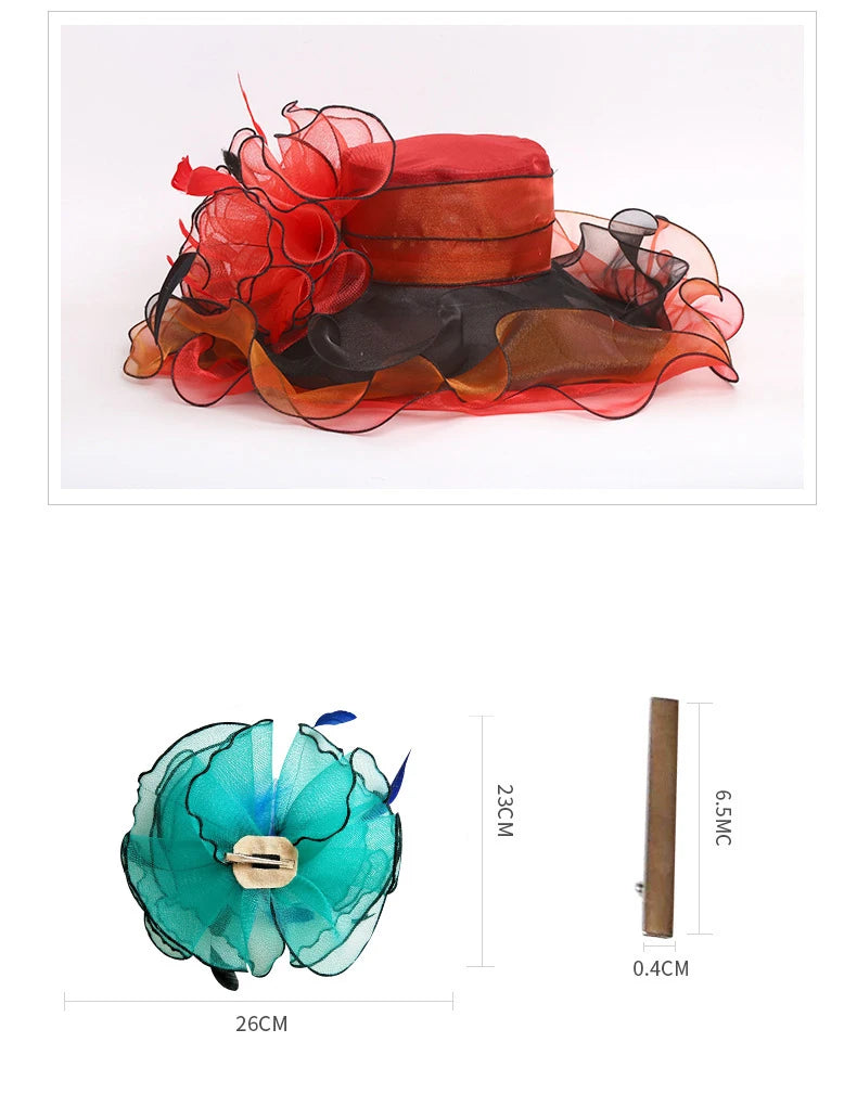 Summer Organza Kentucky Derby Hats For Women Elegant Fascinator Hats Ladies Large Wide Brim Church Wedding Hat With Big Flower