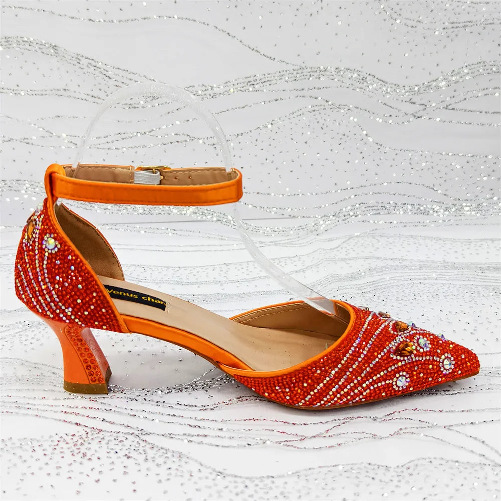 Women's Elegant Rhinestone Pointed Toe Pumps With Matching Shoes And Bag Set
