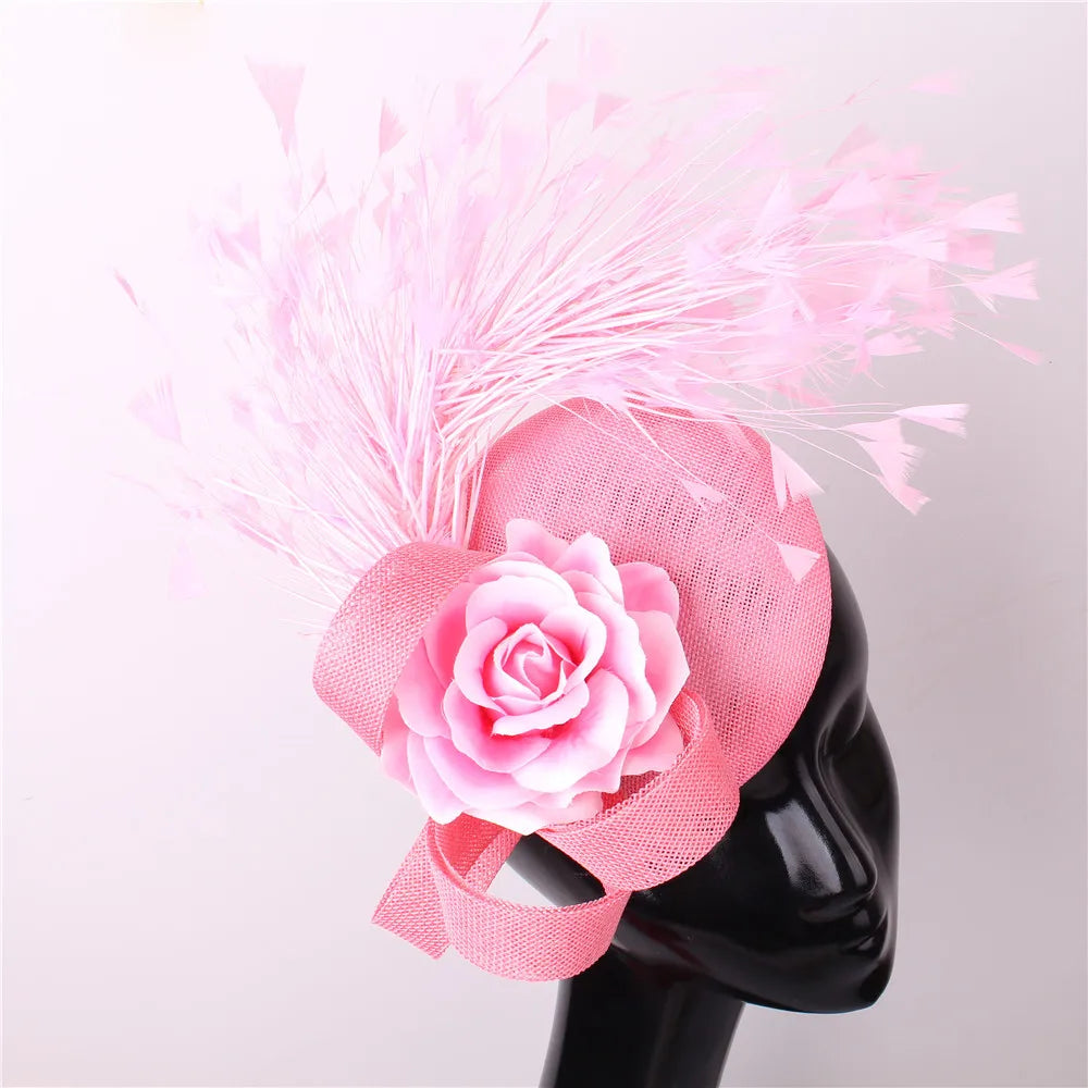 Women's Fascinator Hat With Rose Flower  Elegant Weddings Pillbox Cap Beautiful Luxury Derby Hat Chapeau