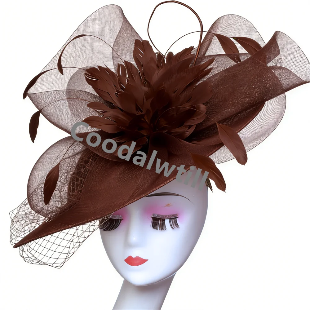 Ladies Veils Feather Hair Pillbox Fascinator Hat Women Elegant Church Derby Big Headpiece Ladies Race Party Chapeau Cap Party