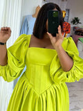 Women Ruched Dresses with Sleeves Spring High Waist Elegant Slash Neck Long Dress Sexy Green Dress Wholesale Dropshipping